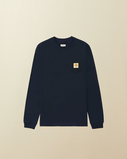 Woven Label Long Sleeve Pocket Tees -  ( navy )